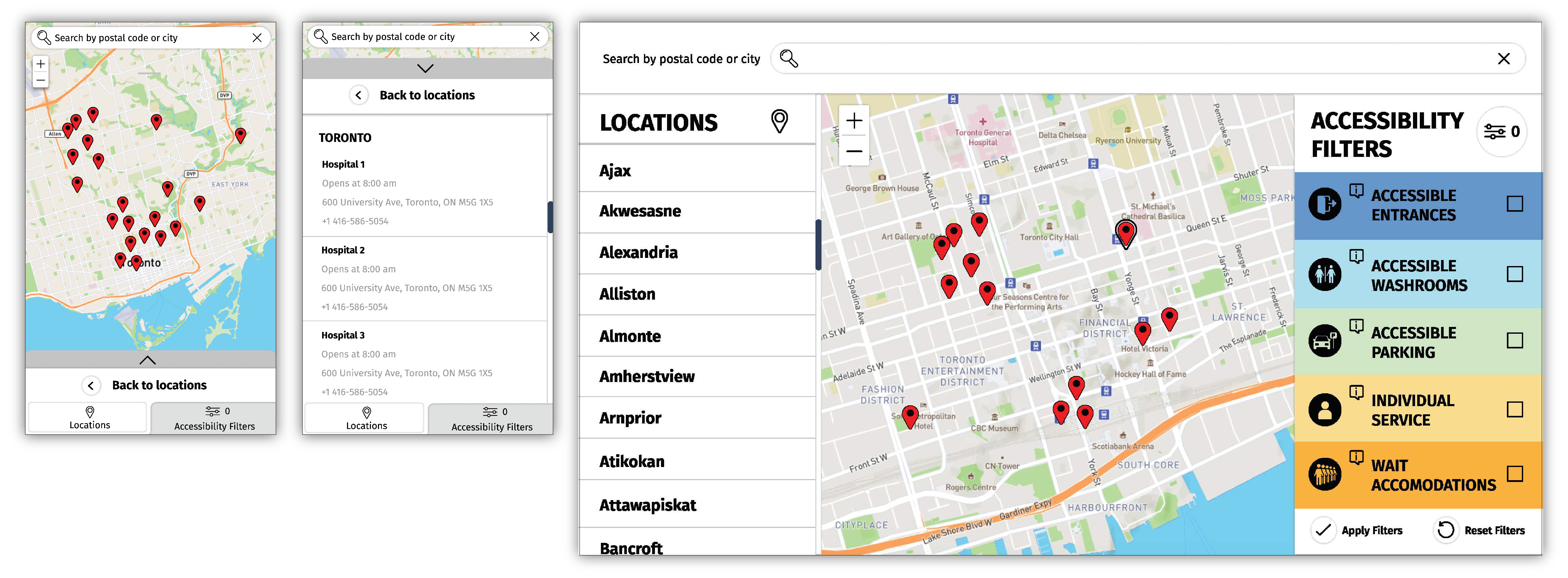 Wireframe showing the city/area navigation on mobile and desktop view. 